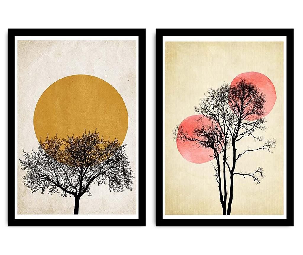 Set 2 tablouri Trees Silhouettes With Sun 36×51 cm – Alpyros, Crem,Galben & Auriu Alpyros